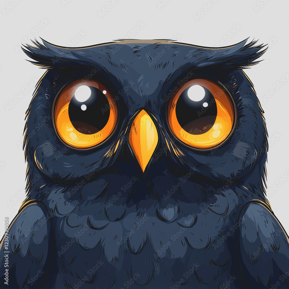 Poster owl with large yellow eyes perched on a branch in a natural setting with soft focus background and v