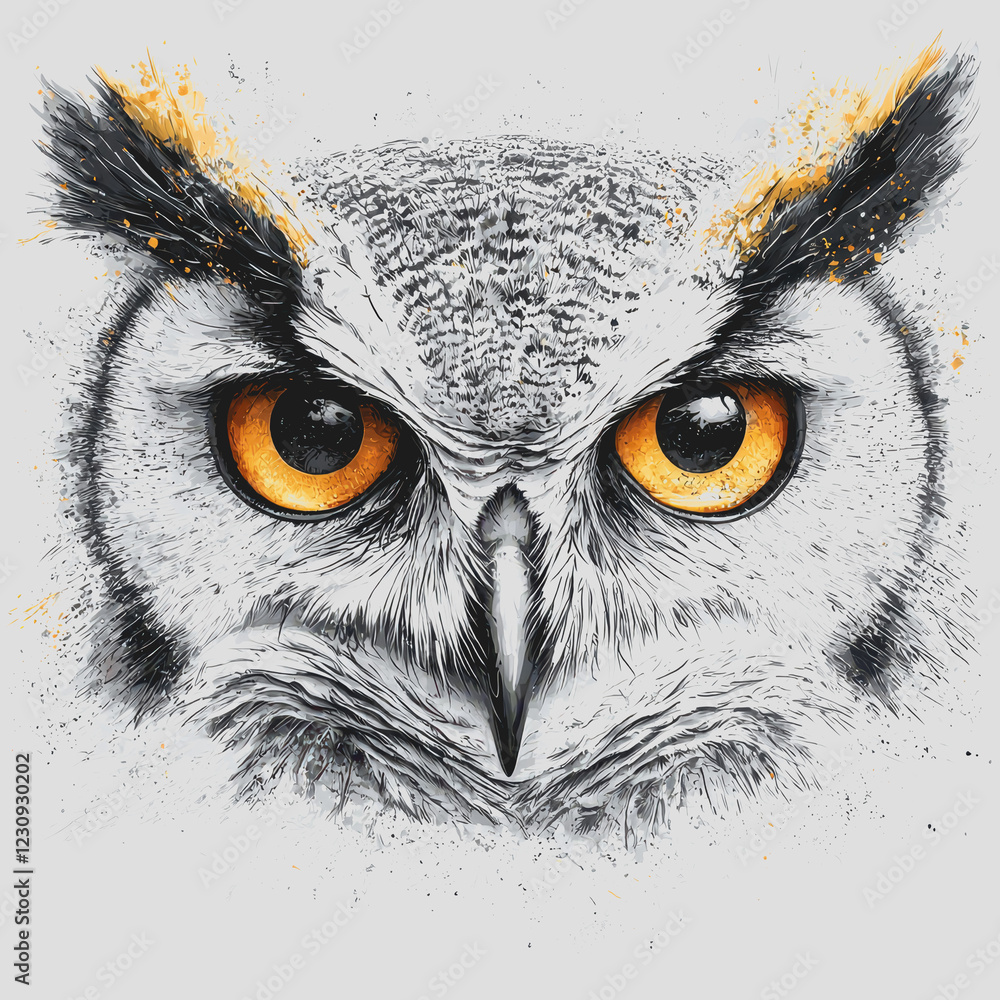 Poster owl with distinctive orange eyes perched on a branch in a natural setting during daylight showcasing