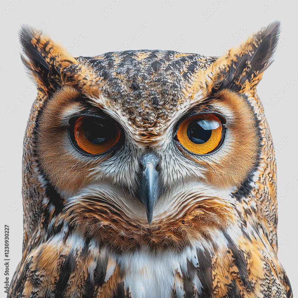 Poster close-up of an owl with distinctive orange eyes perched on a branch in a natural setting with blurre