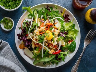 Fresh salad with chicken and tofu isolated on white background, healthy meal with grilled chicken breast, organic tofu, mixed greens, cherry tomatoes, cucumbers, and fresh herbs for diet and nutrition