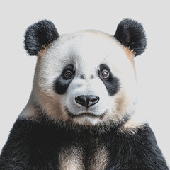 Fototapeta premium Panda bear sitting and looking directly at the camera in a natural habitat setting surrounded by greenery and trees