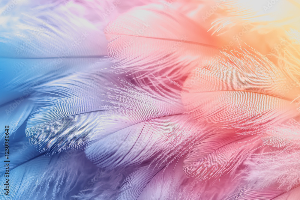 Poster Vibrant collection of colorful feathers arranged in a visually striking pattern suitable for use as wallpapers or backgrounds for various design projects