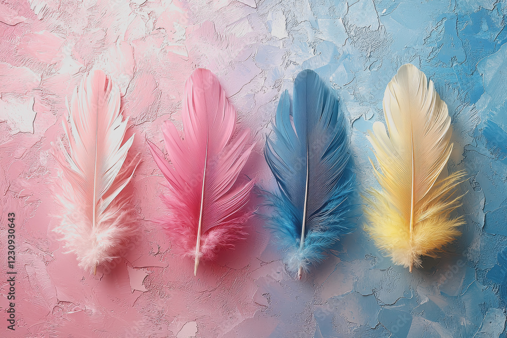 Poster three feathers displayed on a vibrant blue and pink background creating a visually striking and colo