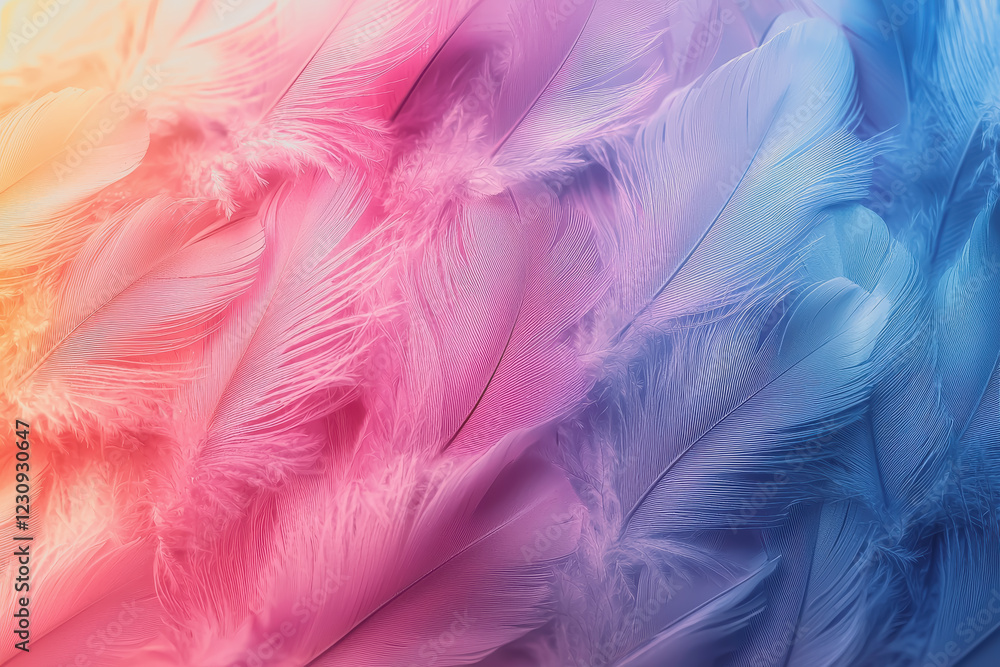 Poster colorful background featuring a variety of feathers in different colors and patterns arranged artist
