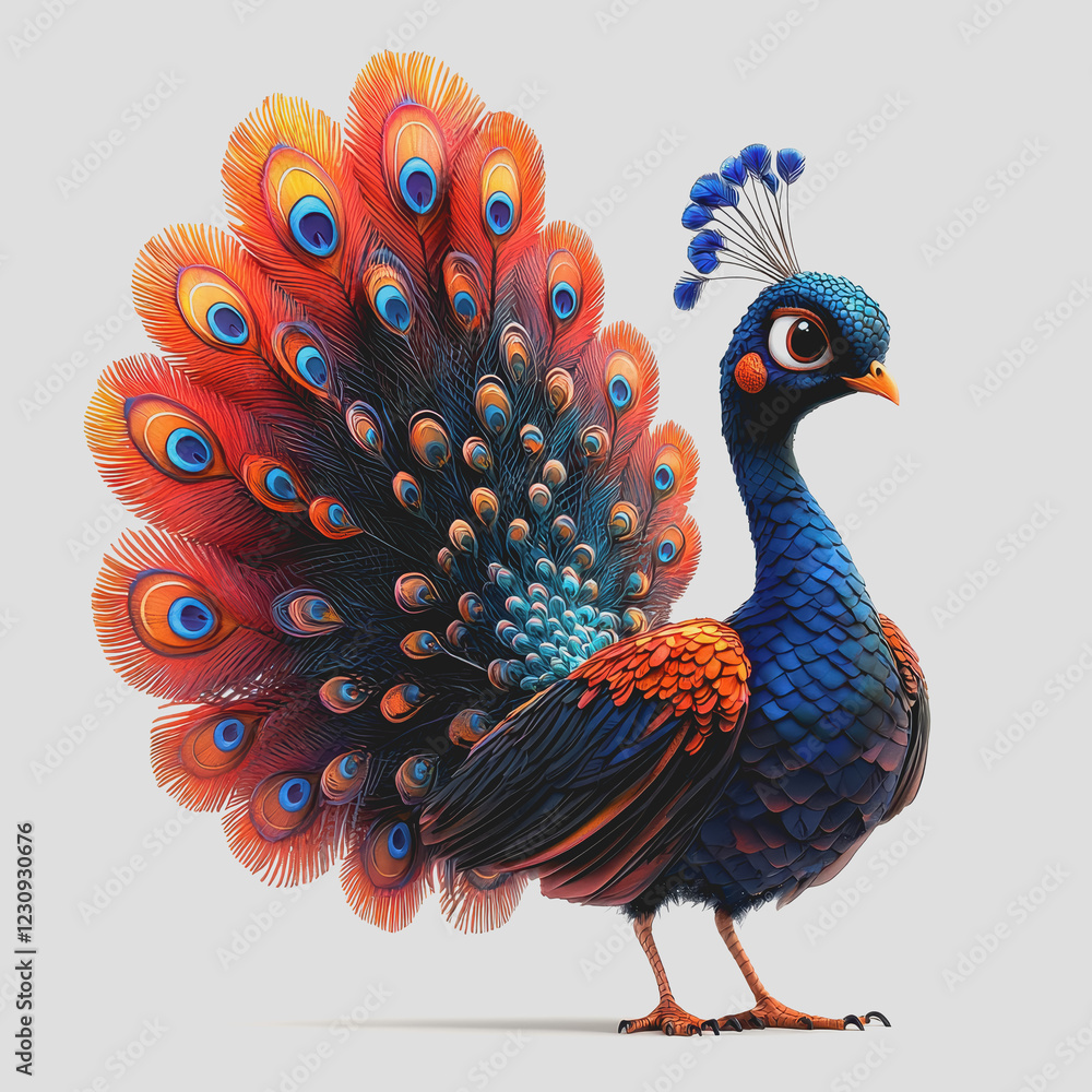Poster peacock displaying vibrant colorful tail feathers in a natural setting with lush greenery and bright