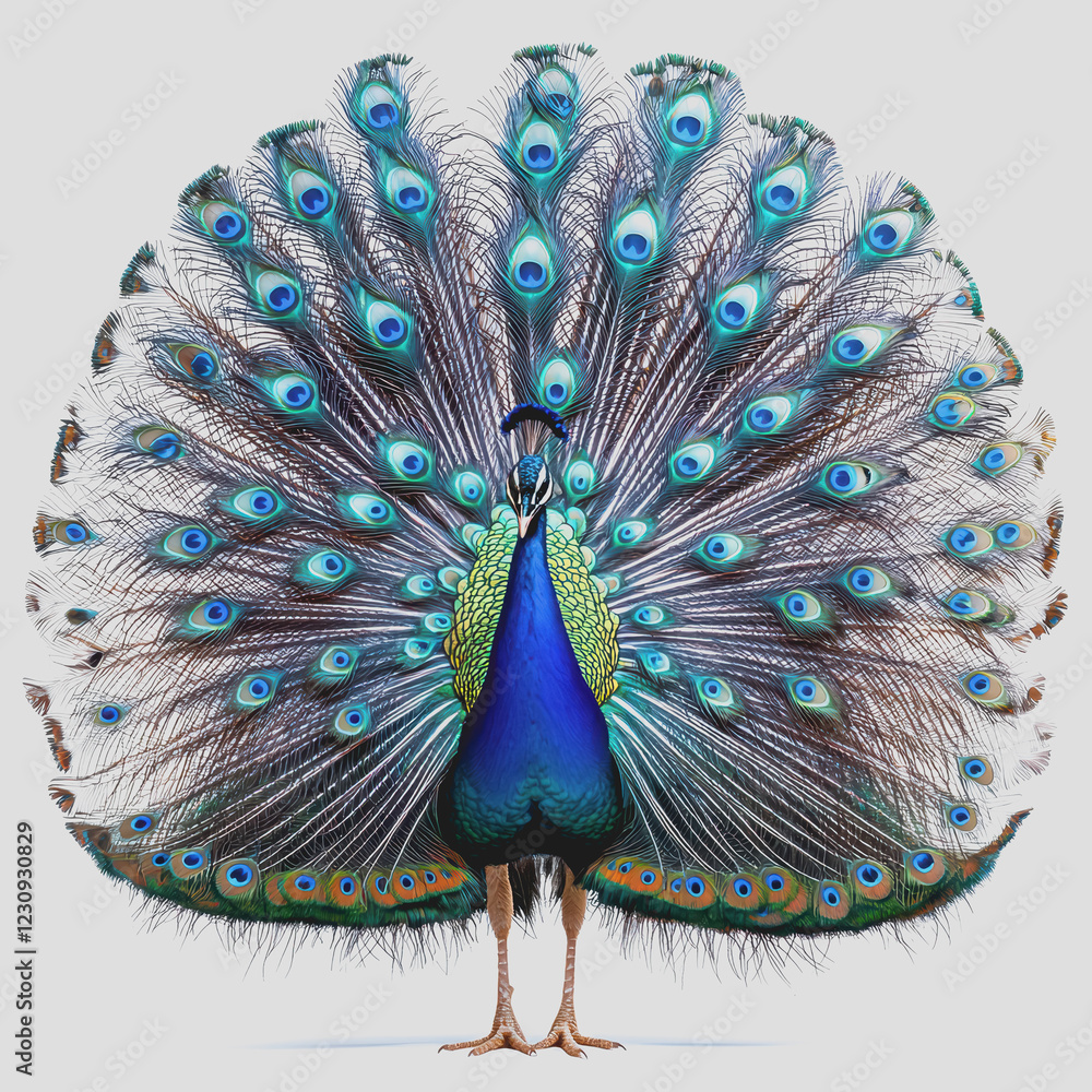 Poster peacock displaying its vibrant feathers in full spread showcasing intricate patterns and colors in a