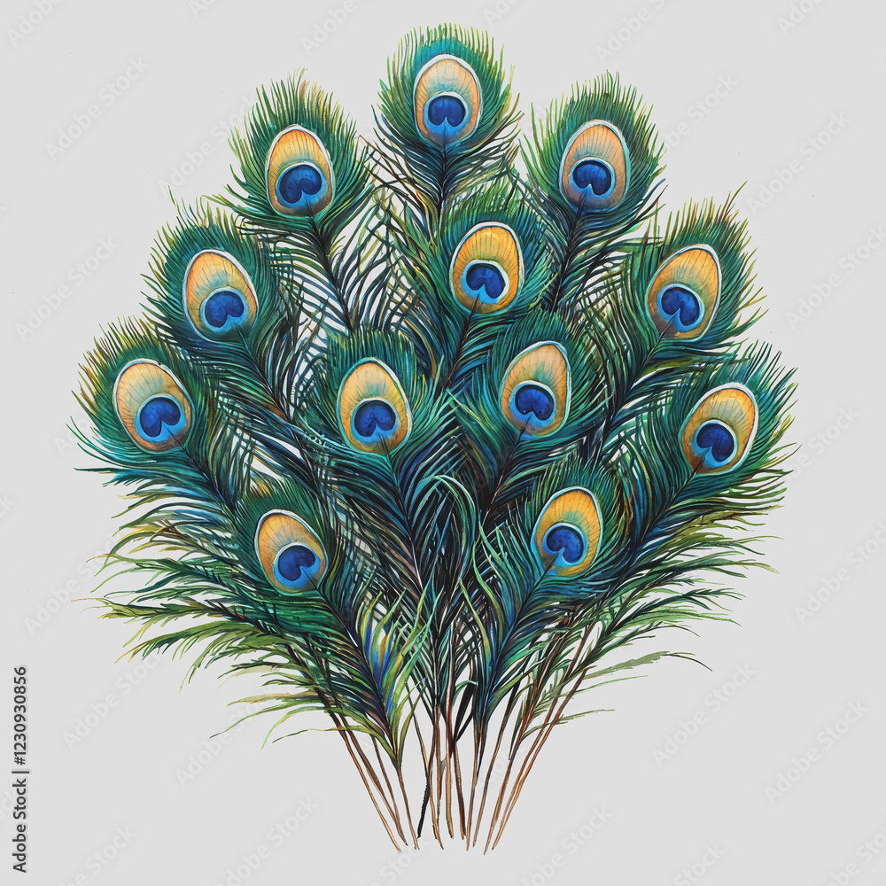 Poster detailed illustration of a peacock with vibrant feathers displayed in full fan showcasing intricate 