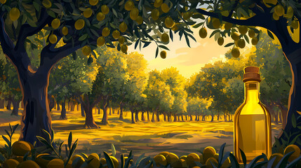 Lush olive grove at sunset with ripe olives and a bottle of golden oil, natural light, trees. Golden Grove. Illustration