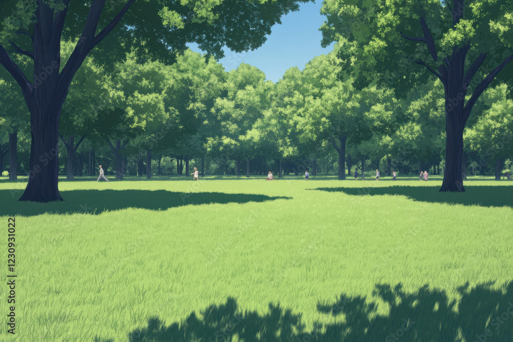 Poster a park with a large open field and trees