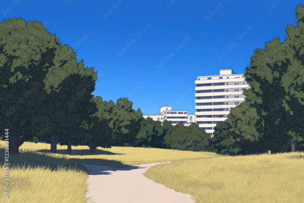 Aufkleber a park with a path and trees in the background