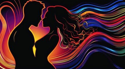 Couple embracing, colorful abstract background, romance, love, relationship, artwork, Valentine's Day card
