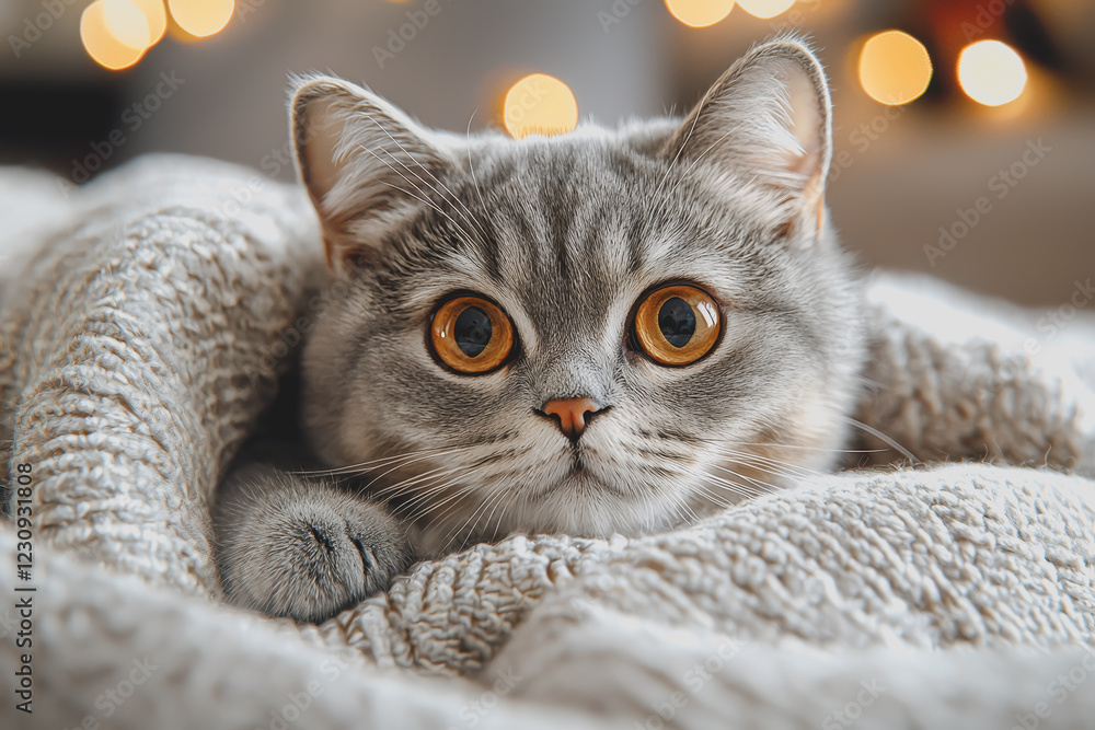 Poster cat lounging with a colorful blanket draped over its back in a cozy indoor setting with soft lightin