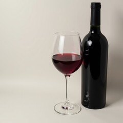 Dark red wine in crystal glass next to bottle , wine cellar, rich