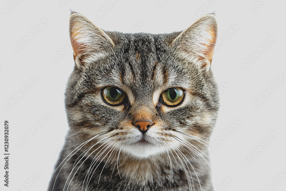 Poster cat sitting on a white background with its ears perked up and eyes looking directly at the camera cr