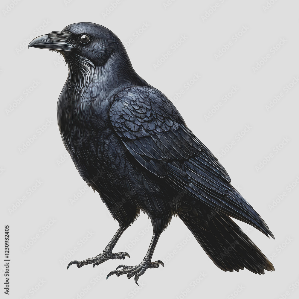 Poster black bird perched on a white surface with a clean and simple background showcasing its features and