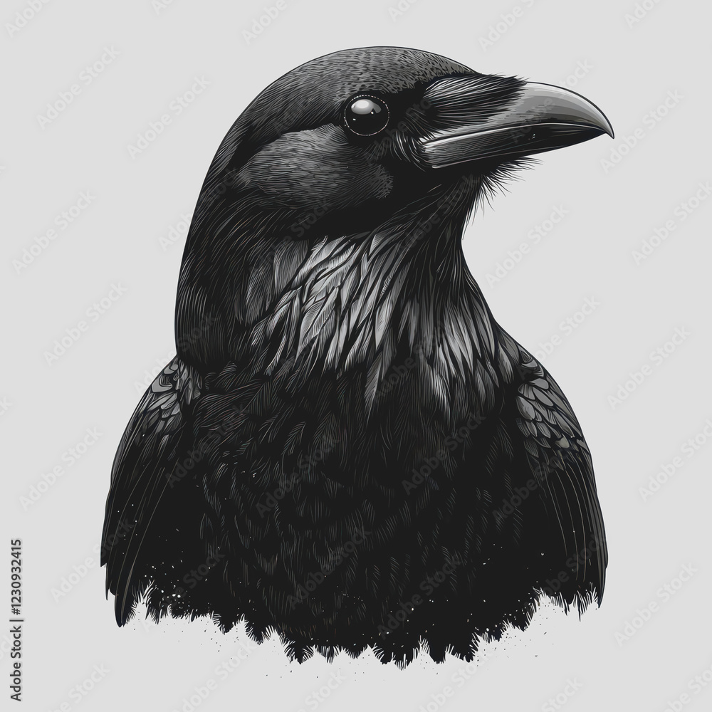 Poster black raven bird perched on a branch with a white background showcasing its feathers and features in