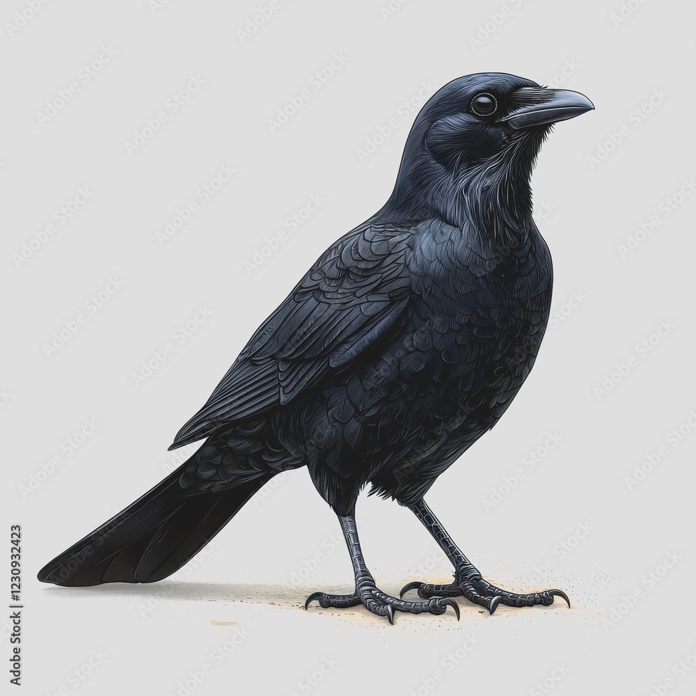 Poster black bird standing on a white surface with a clean background showcasing its features and details i