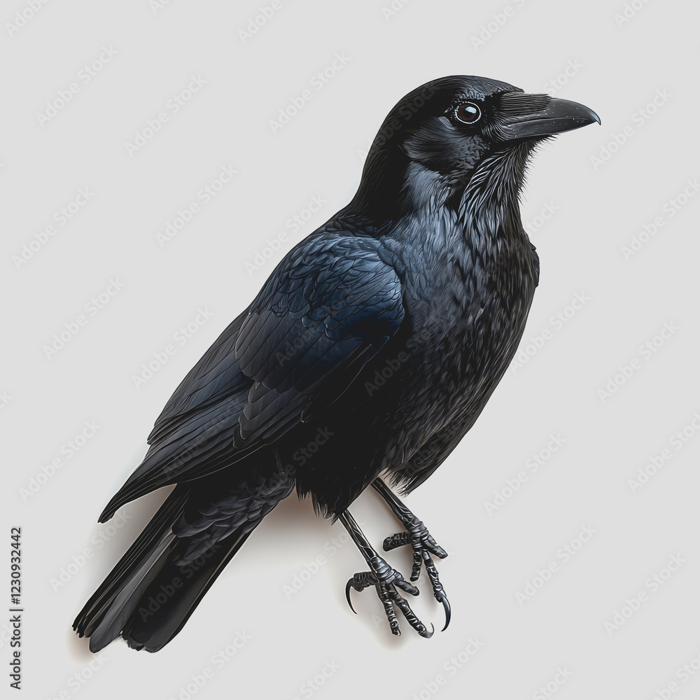Poster black bird perched on a white surface with a clear background showcasing its features and details in