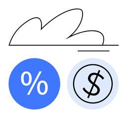 Cloud shape and circular percentage and dollar icons. Ideal for finance, economy, savings, investments, interest rates, cloud technology, online banking. Abstract line flat metaphor