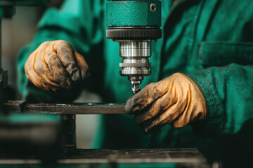 Product manufacturing accuracy. worker in green uniform uses drill press to shape metal parts, showcasing precision and skill in workshop environment