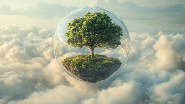 Green tree floating in bubble above fluffy clouds, symbolizing tranquility