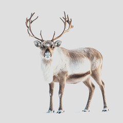 Obraz premium Reindeer standing in the snow with antlers in a winter landscape showcasing natural wildlife in a serene environment