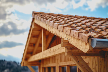 Fototapeta premium Wooden roof structure with shiny finish overhead architectural design in a modern residential building