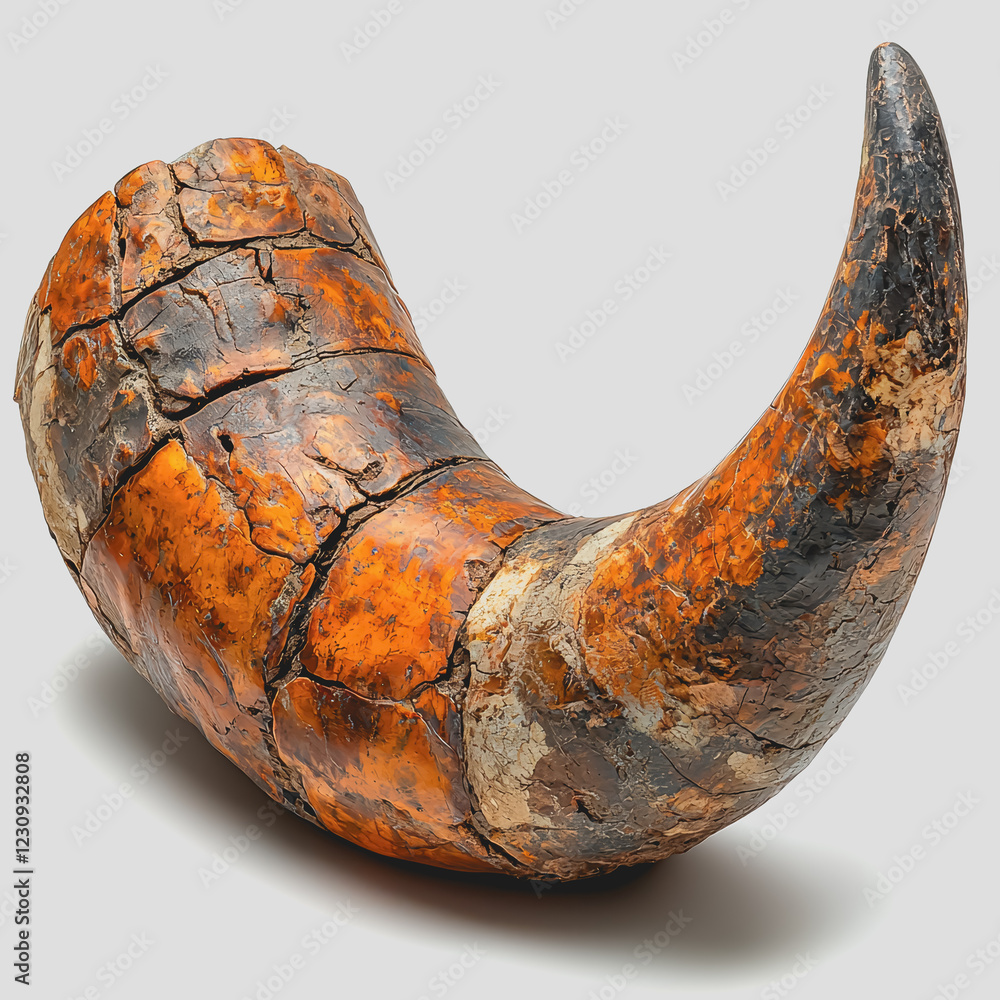 Poster large orange and black horn displayed with intricate texture and design against a simple background