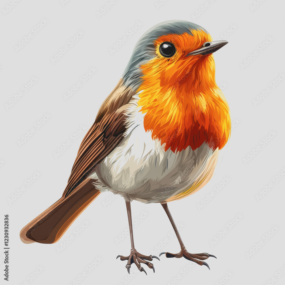 Poster bird with vibrant orange feathers perched against a subtle gray background showcasing its unique col