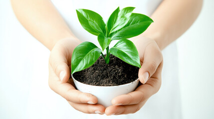 Person gently cradles small plant in their hands, symbolizing care and growth