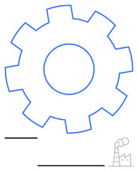 Blue gear symbolizing industrial production with a small factory emitting smoke below paired with abstract lines. Ideal for innovation, engineering, manufacturing, automation, teamwork, process