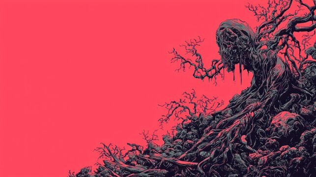 Twisted tree creature, crimson backdrop, artistic illustration, fantasy art, for dark fantasy game
