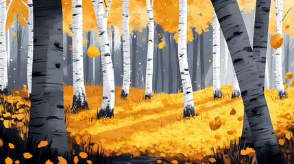A grove of birch trees in autumn, with golden leaves covering the forest floor. Golden Grove. Illustration