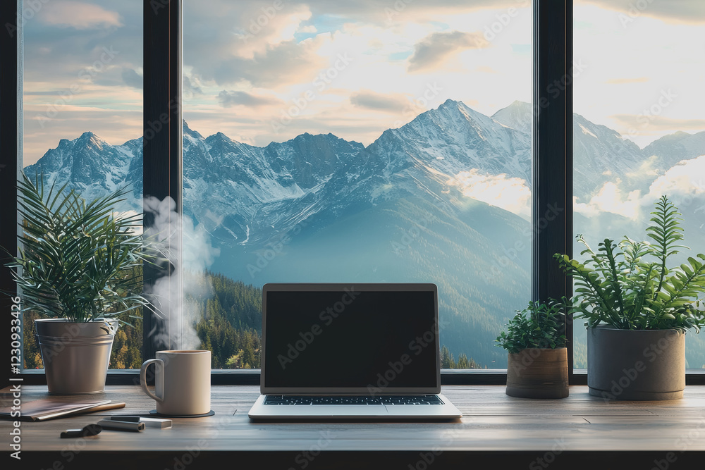 Poster laptop computer placed on a wooden desk by a window with natural light illuminating the workspace an