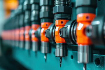 Close up of precision tools used in industrial production, showcasing intricate designs and vibrant colors
