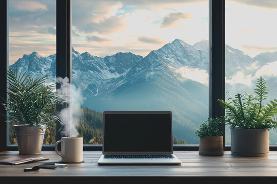 Laptop computer placed on a wooden desk by a window with natural light illuminating the workspace and creating a productive environment for work or study