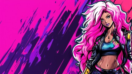 Pink-haired woman, cyberpunk style, vibrant background, music promotion