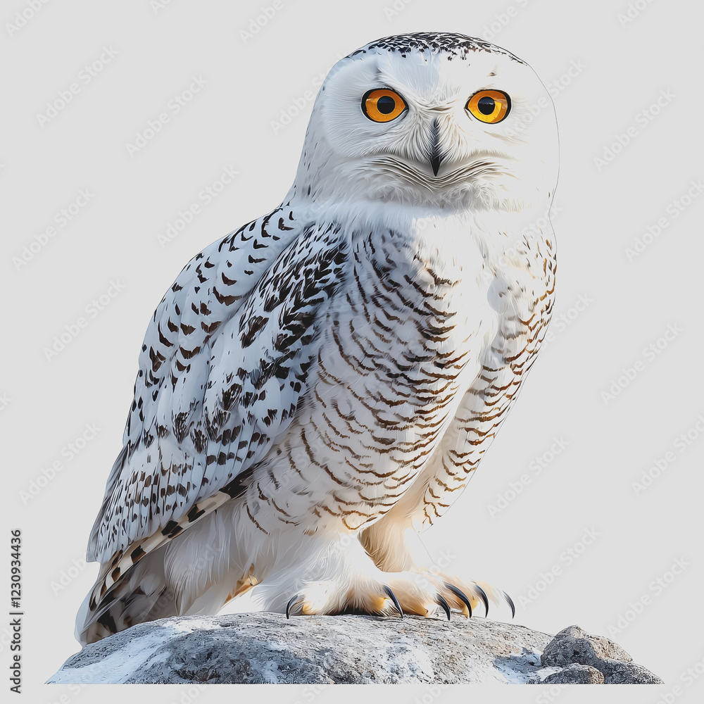 Poster snowy owl perched on a rock in a natural setting showcasing its distinctive feathers and calm demean