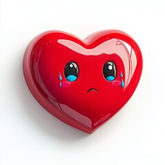 3D comic Red heart icon, crying tears, sad mood, isolated on white background - generative ai