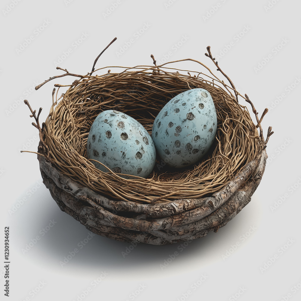 Poster three brown eggs resting in a natural nest made of twigs and grass on a soft surface in a serene out