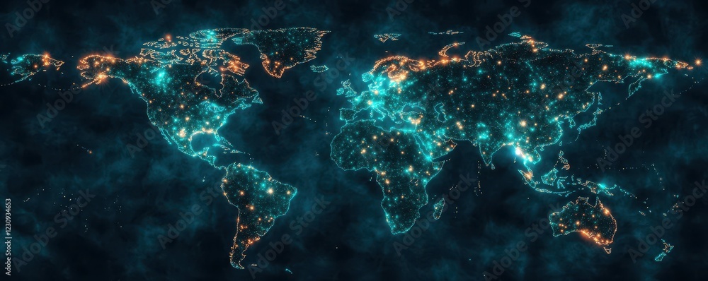 Poster A vibrant, digital representation of a world map with glowing connections and points, illustrating global networking and data flow.