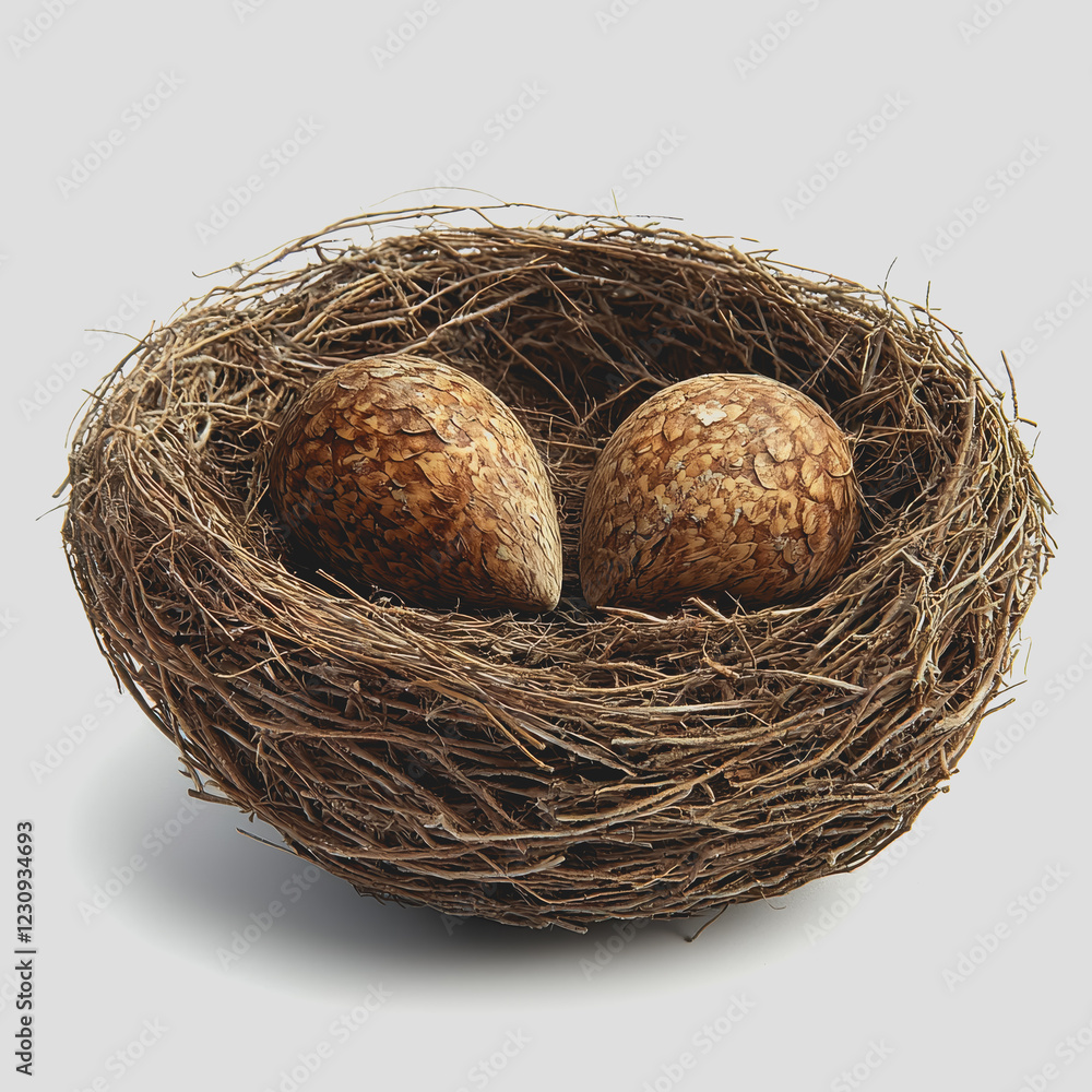 Poster two bird nests made of twigs and grass located in a tree showcasing natural architecture and wildlif