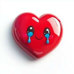 3D comic Red heart icon, crying tears, sad mood, isolated on white background - generative ai