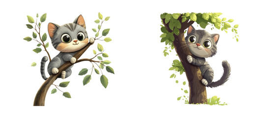 Fototapeta premium Playful Cats Climbing Trees in Cartoon Style