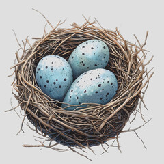 Obraz premium Three eggs nestled in a natural birds nest surrounded by twigs and foliage in a calm outdoor setting