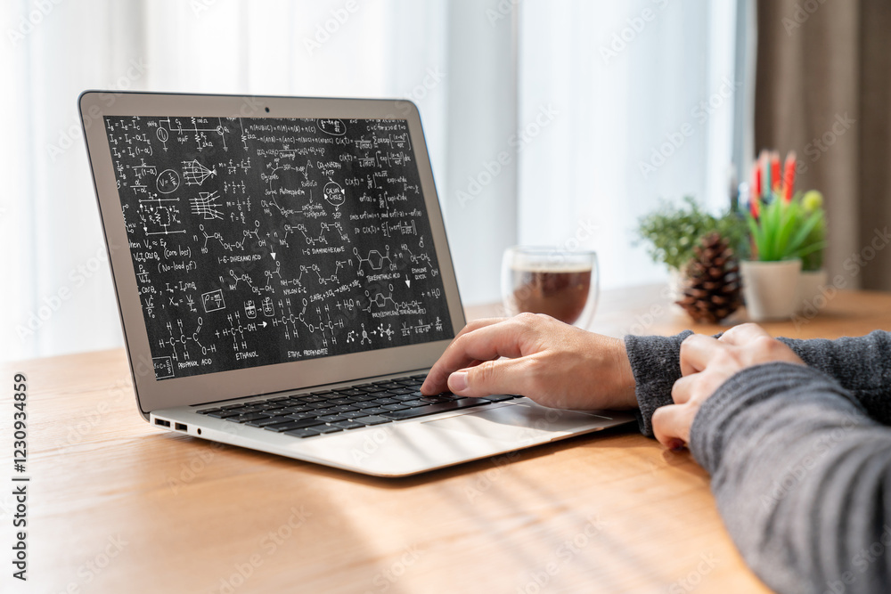 Poster mathematic equations and modish formula on computer screen showing concept of science and education