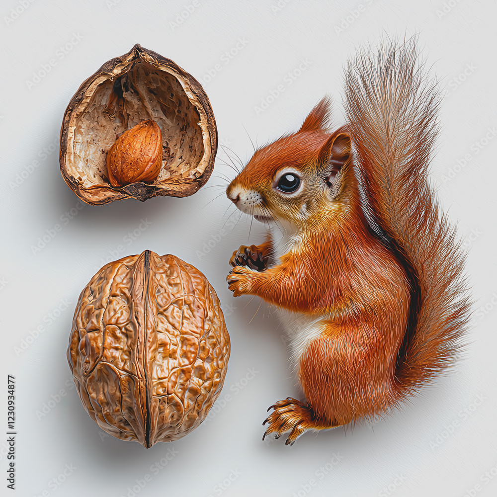 Poster squirrel eating nuts from a walnut on a tree branch in a natural outdoor setting with greenery in th