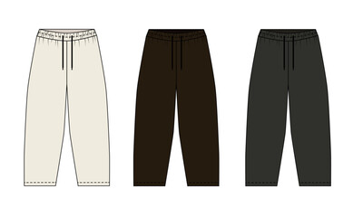 Set of illustration of sports pants on elastic band, white, brown, gray colors, front and back view, vector. Sketch of fashionable running pants with barrel cut. Template of sports pants on a drawstri