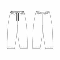 Technical illustration of athletic pants with elastic band, front and back view. Sketch of fashionable joggers pants with barrel cut. Template of sports pants on a drawstring, isolate.