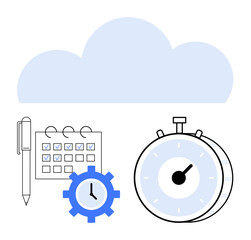 Stopwatch, calendar with checkmarks, pen, gear, and cloud highlight productivity, task scheduling, and system automation. Ideal for project planning, digital tools workflow deadlines teamwork